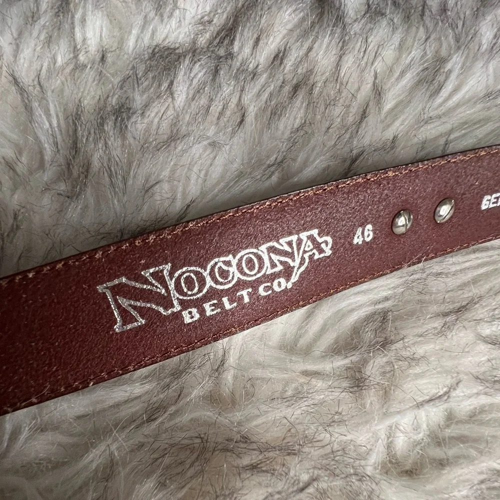 Nocona brown leather belt and ornate silver belt buckle